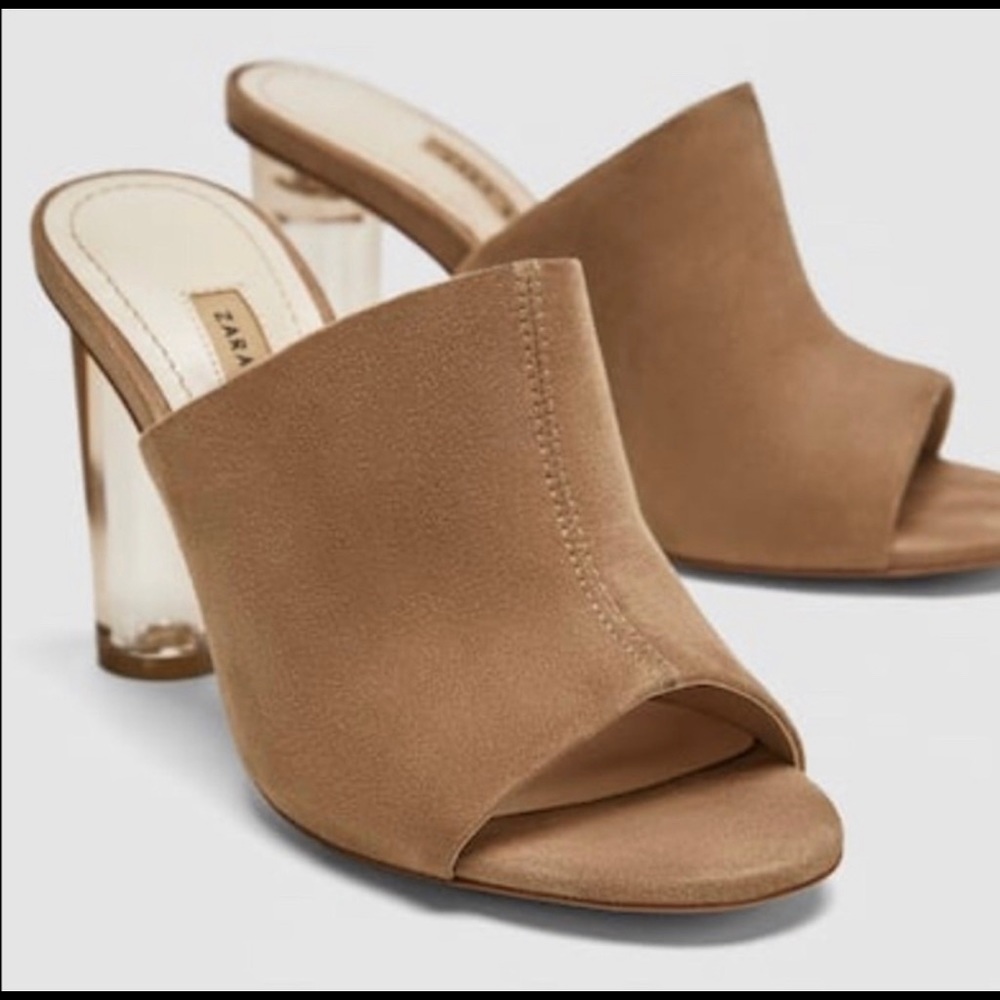 Camel mules with clear heels